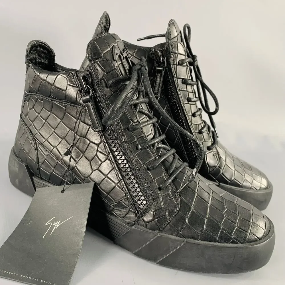 GIUSEPPE ZANOTTI Size 9 Black Croc Embossed Leather High Top Sneakers